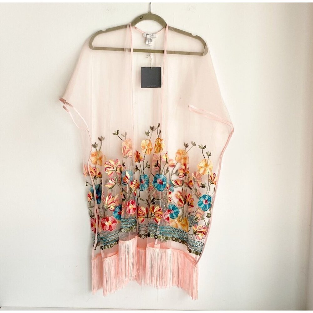 NWT Haute Hippie Pink Mesh Floral Embroidered Fringe Boho Festival Poncho OS